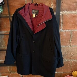 Eddie Bauer Men's Navy Pea Coat with Maroon Lining